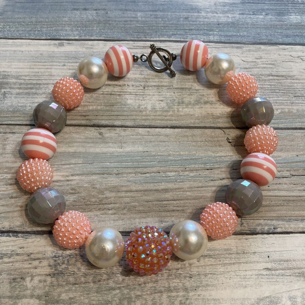 Pink Gray White Large Beads Necklace Stripe 16" faux‎ pearls toggle clasp